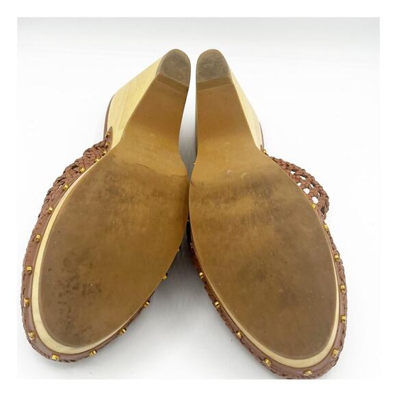 Veronica Beard Hardie Woven Leather & Wood Heeled Clogs Cognac Brown 9 - Picture 7 of 9